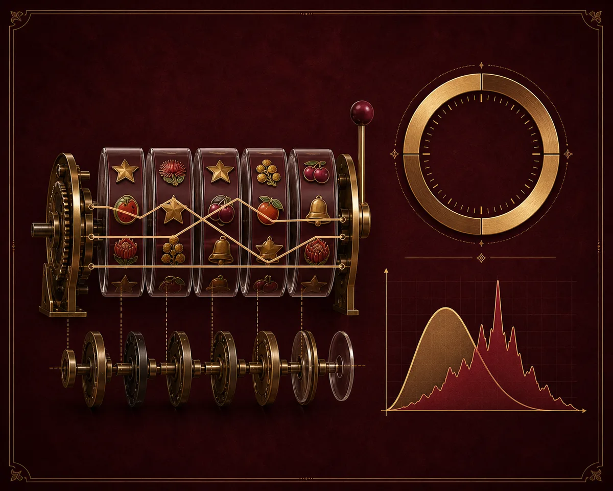 Illustrated guide to pokie reels, paylines, RTP and volatility