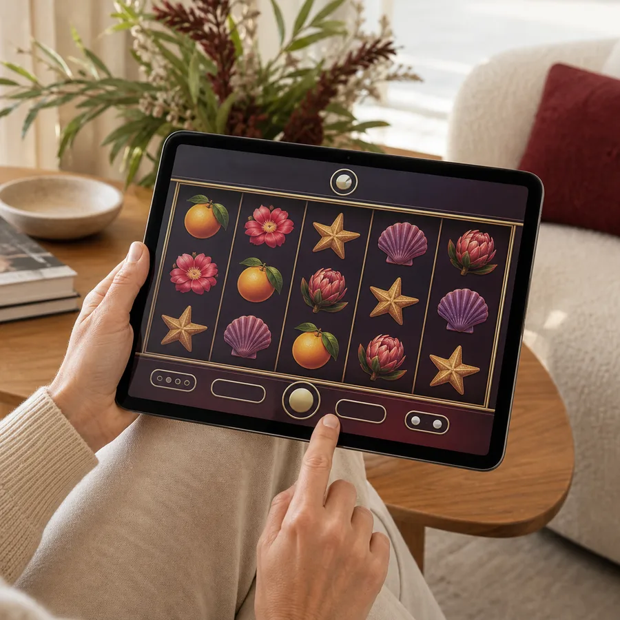 Free pokies demo game being explored on a tablet with virtual credits